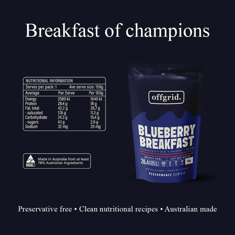 Offgrid Blueberry Breakfast package with nutritional information on a black background