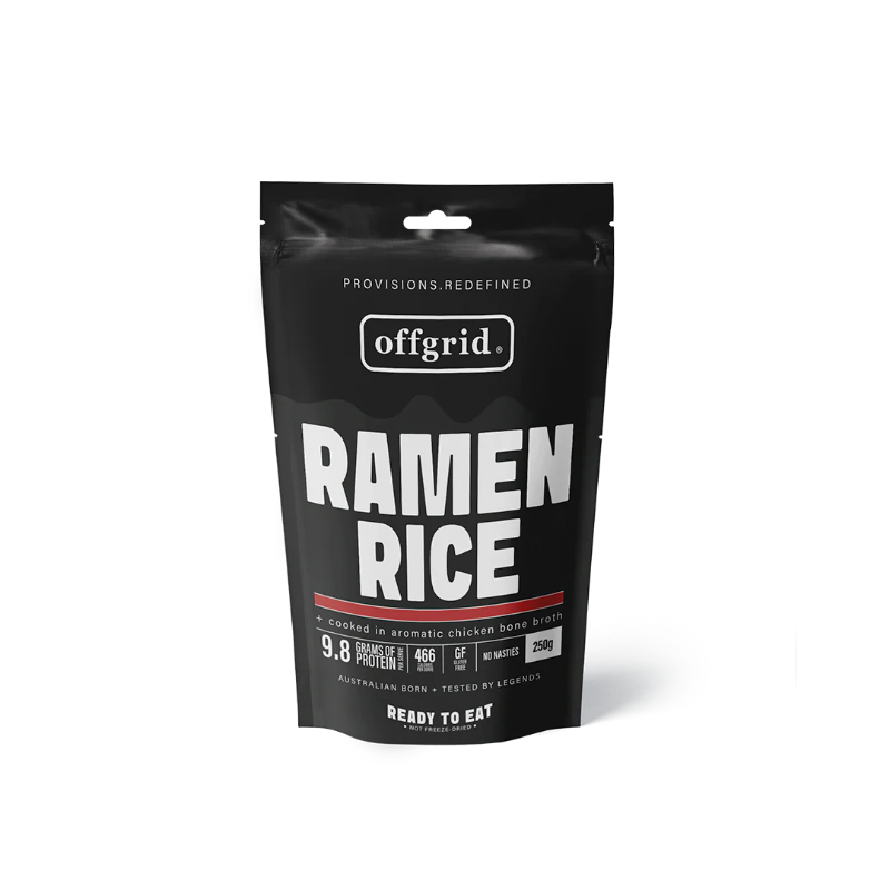 Black package of offgrid Ramen Rice on a white background