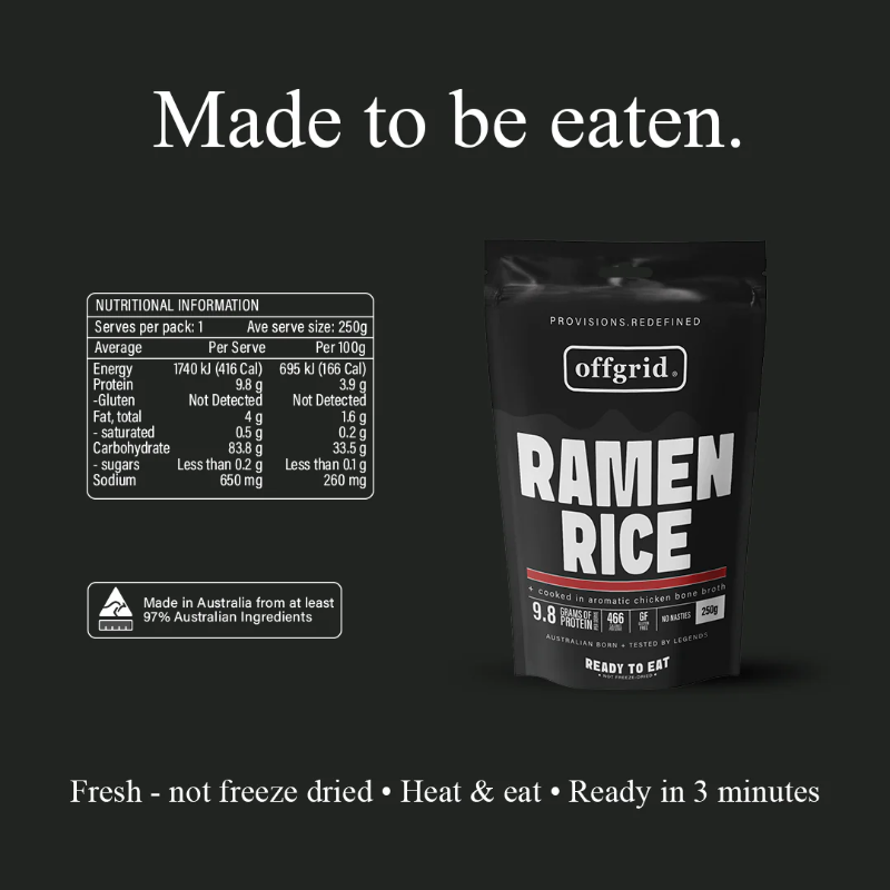 Offgrid Ramen Rice package with nutritional information on a black background