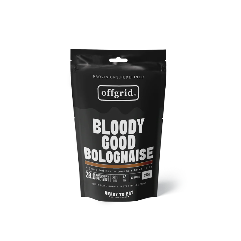 Black package of 'Bloody Good Bolognese' by offgrid on a white background