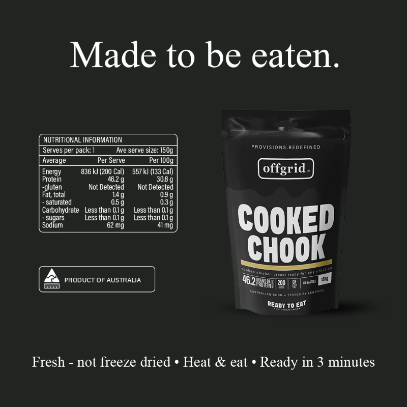 Offgrid Cooked Chook packaging with nutritional information on a black background