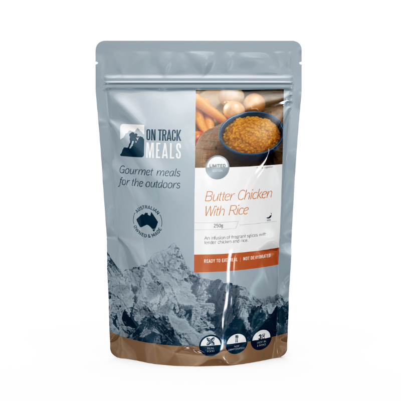 On Track Meals Butter Chicken with Rice in a blue packet on a white background
