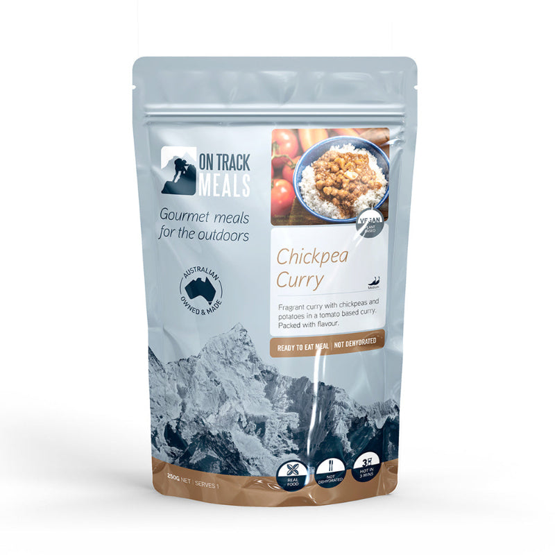 On Track Meals Chickpea Curry in blue packet on a white background