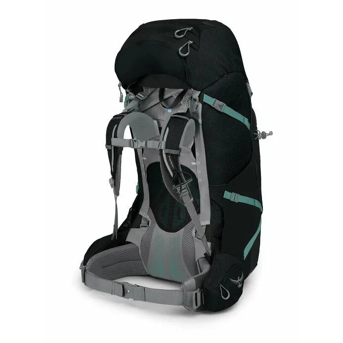 Black and gray hiking backpack on a white background