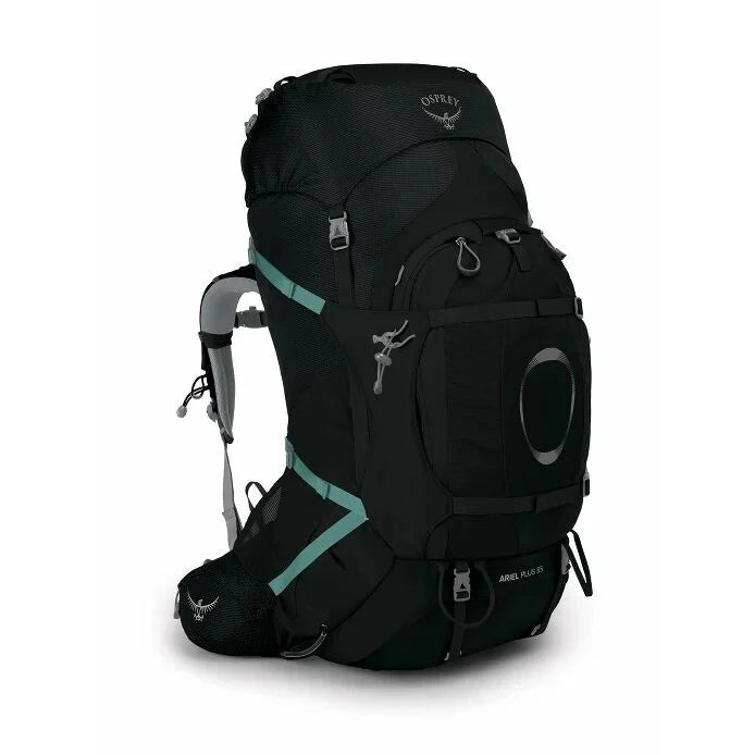 Black hiking backpack with teal accents on a white background