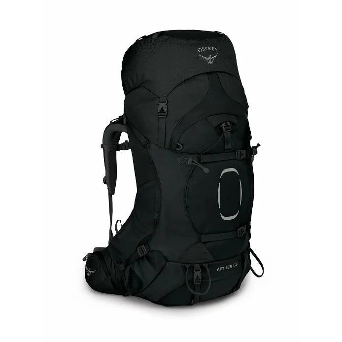 Black Osprey hiking backpack on a white background