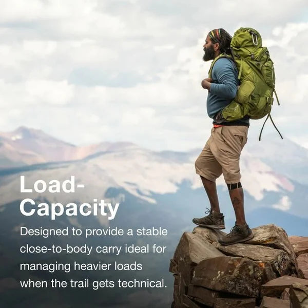 Hiker with a large backpack on a mountain top with text about load capacity.
