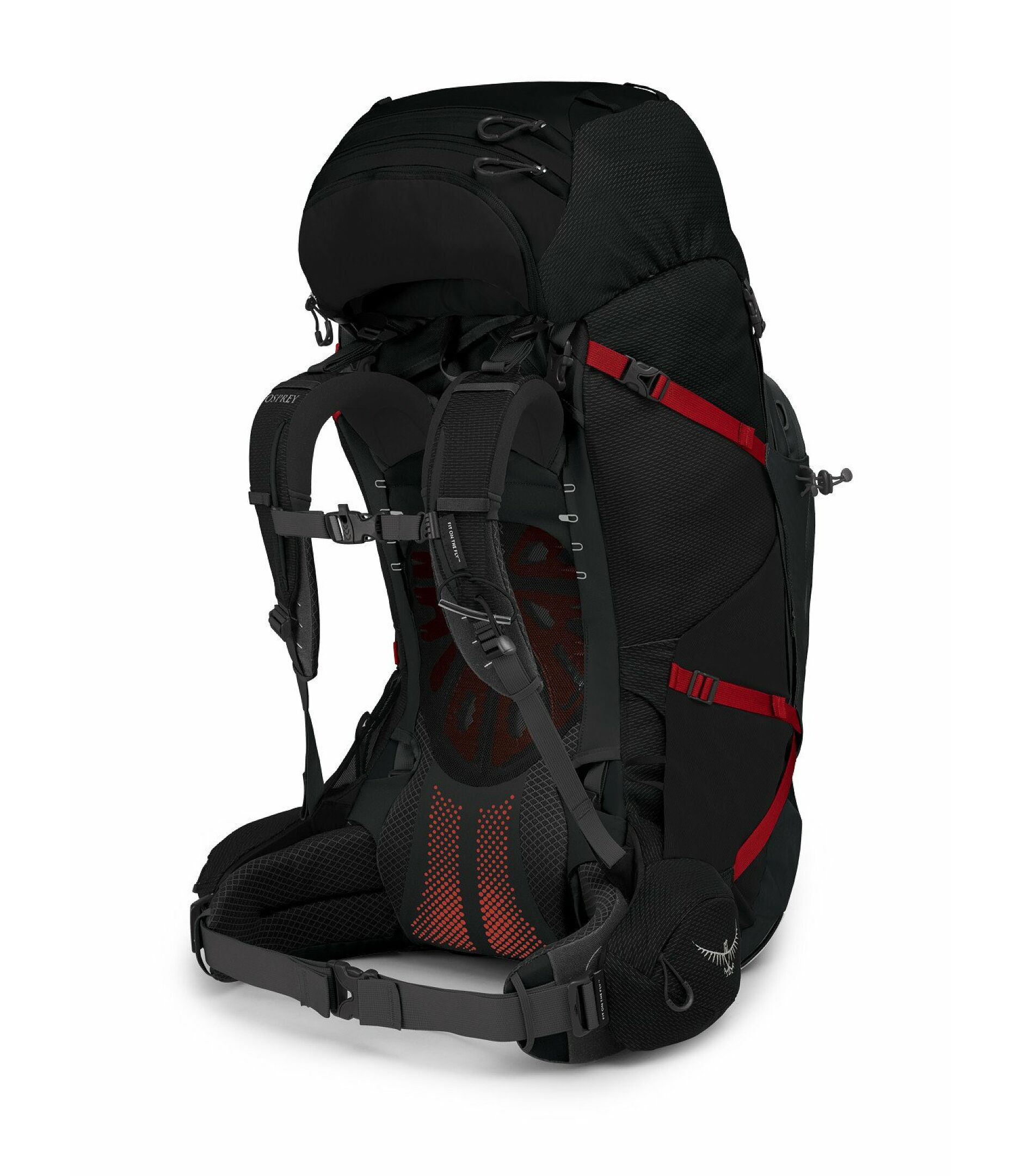 Black and red Osprey Aether 85 
hiking backpack on a white background
