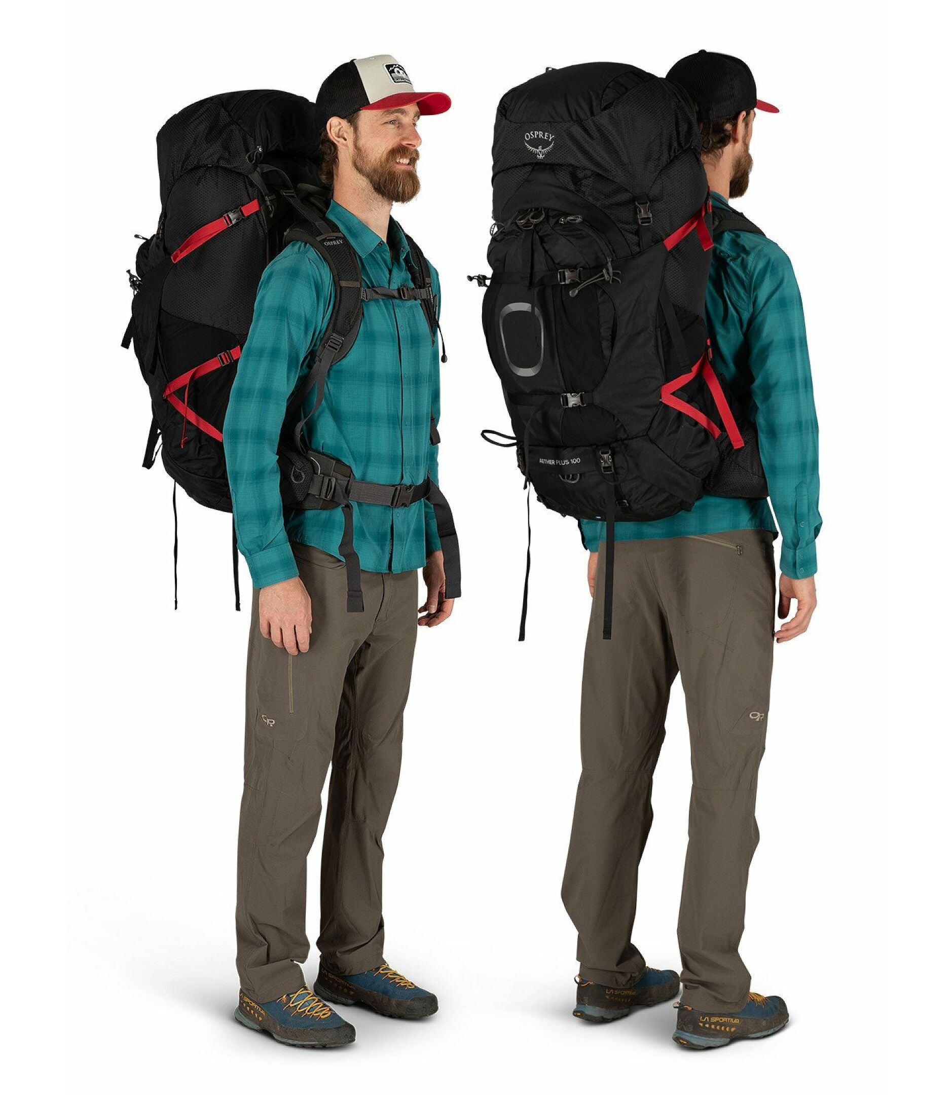 Man wearing a large black Osprey Aether 85 backpack with red accents, standing against a white background