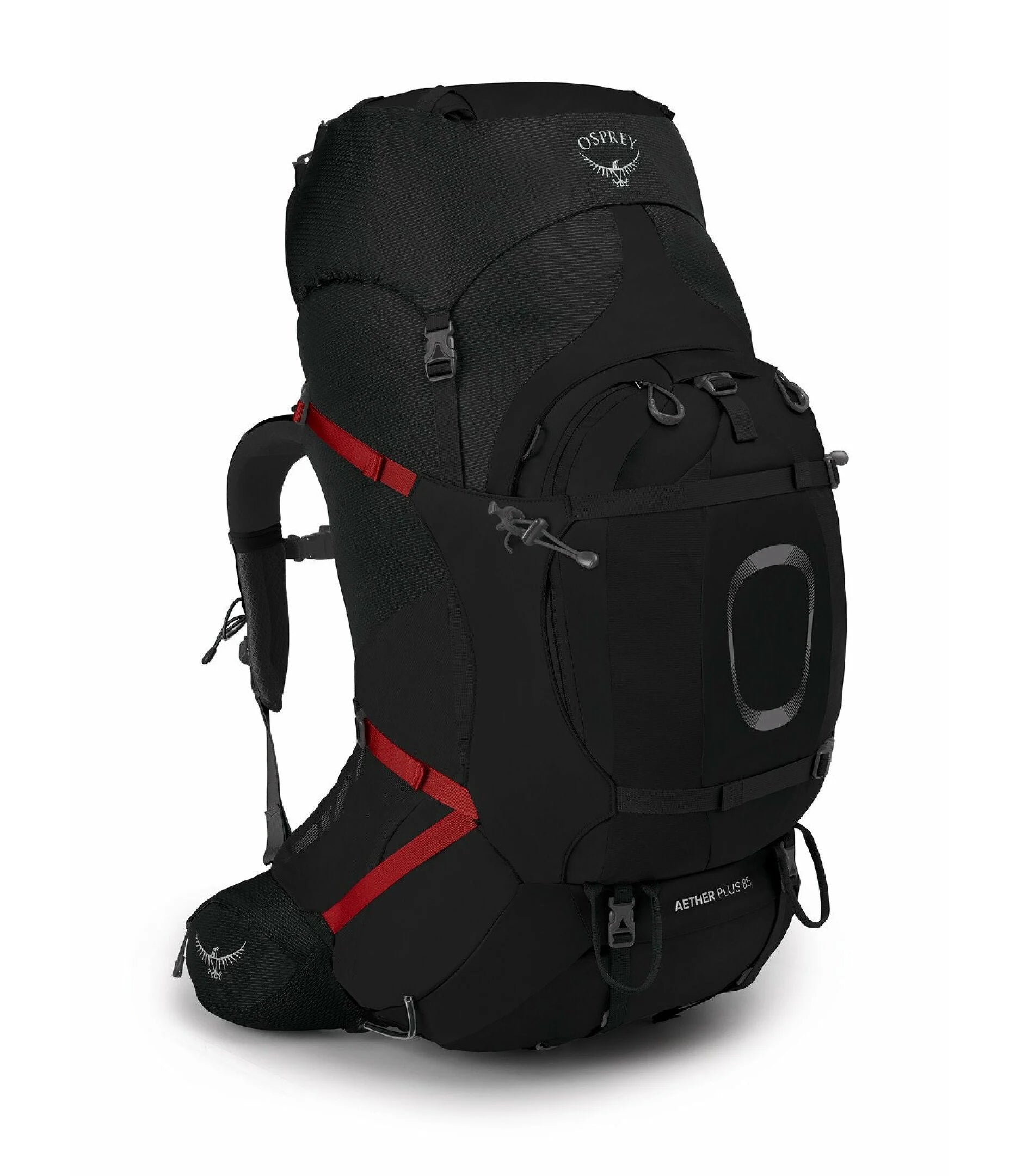 Black Osprey hiking backpack with red accents on a white background