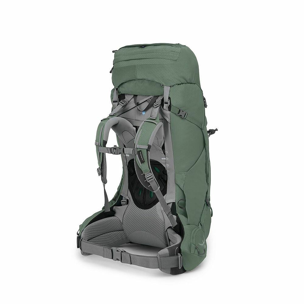 Green hiking backpack with gray straps on a white background