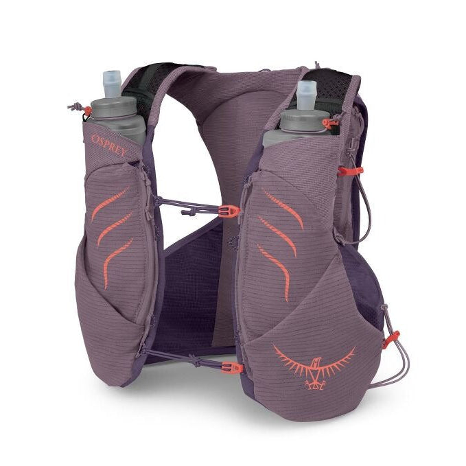 Purple womens trail running vest with water bottles on a white background