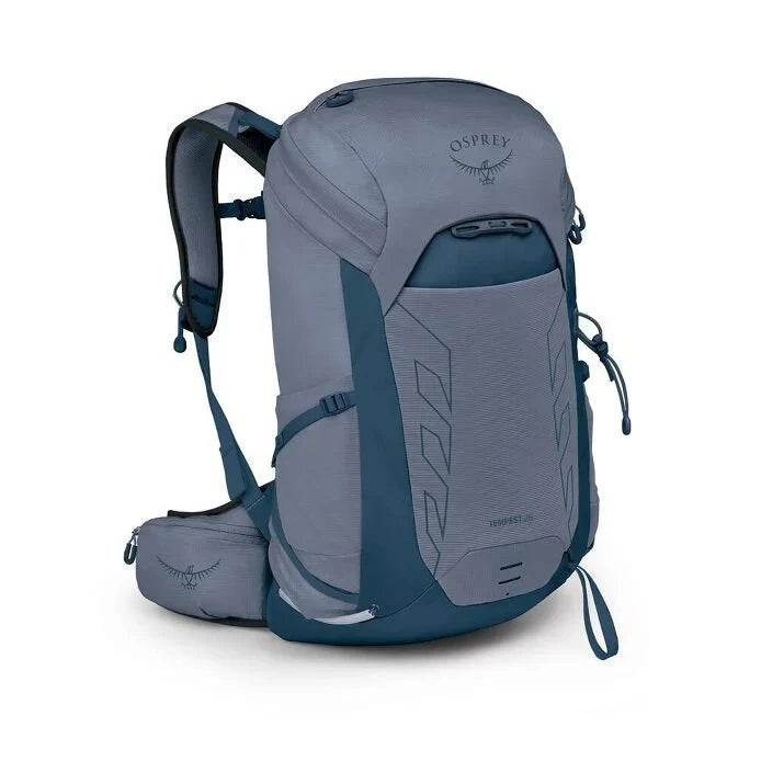 Gray and blue Osprey 26L womens daypack backpack on a white background