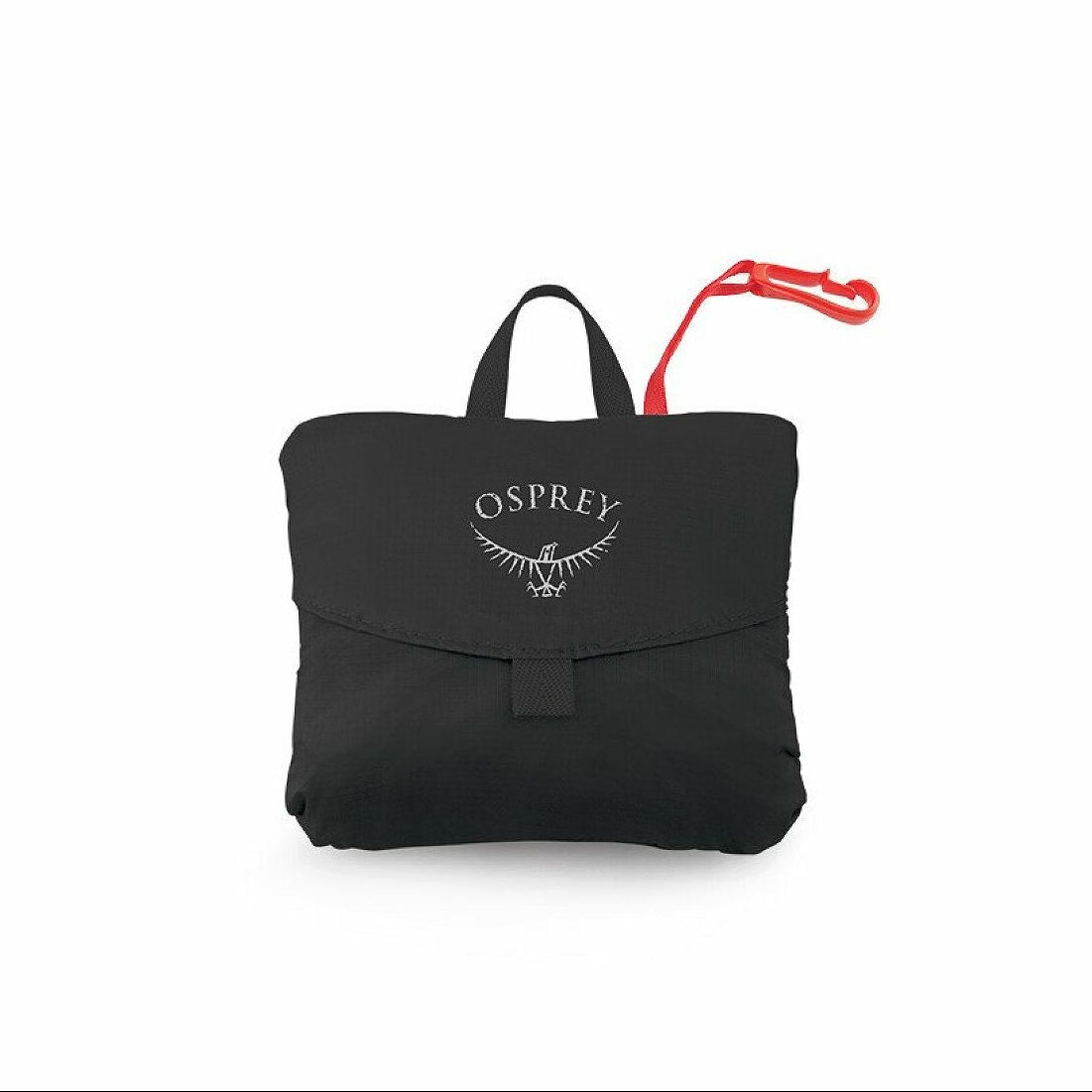 Black backpack in a pouch with a red pull tab on a white background