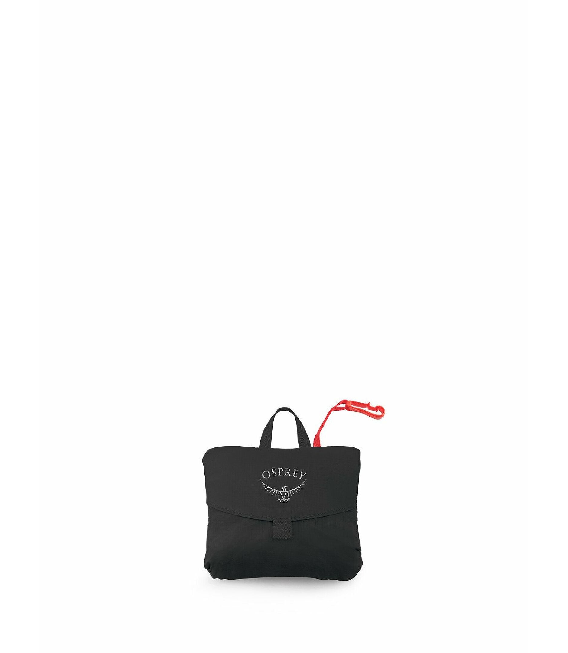 Black backpack in a pouch with a red pull tab on a white background