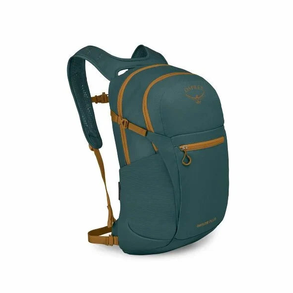 Blue backpack with brown accents on a white background