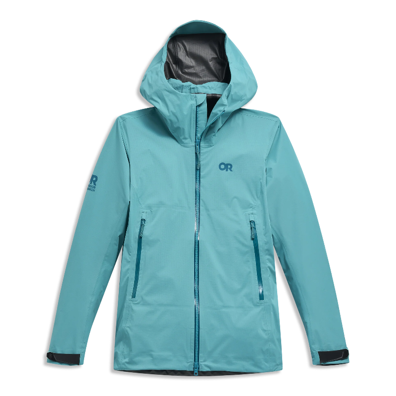Teal RAIN jacket with a brand logo on a white background
