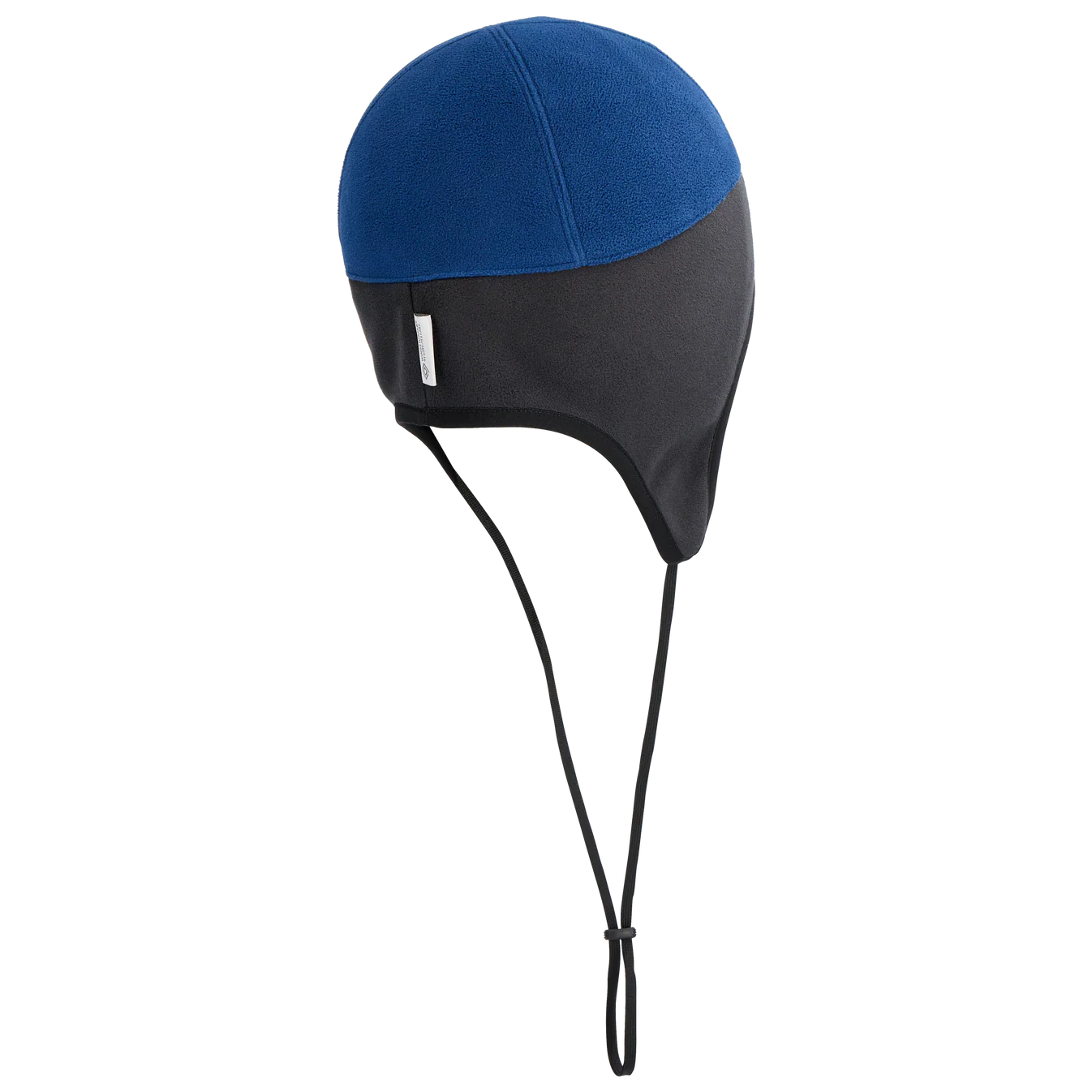 Two-toned blue and black hat with chin strap on a white background