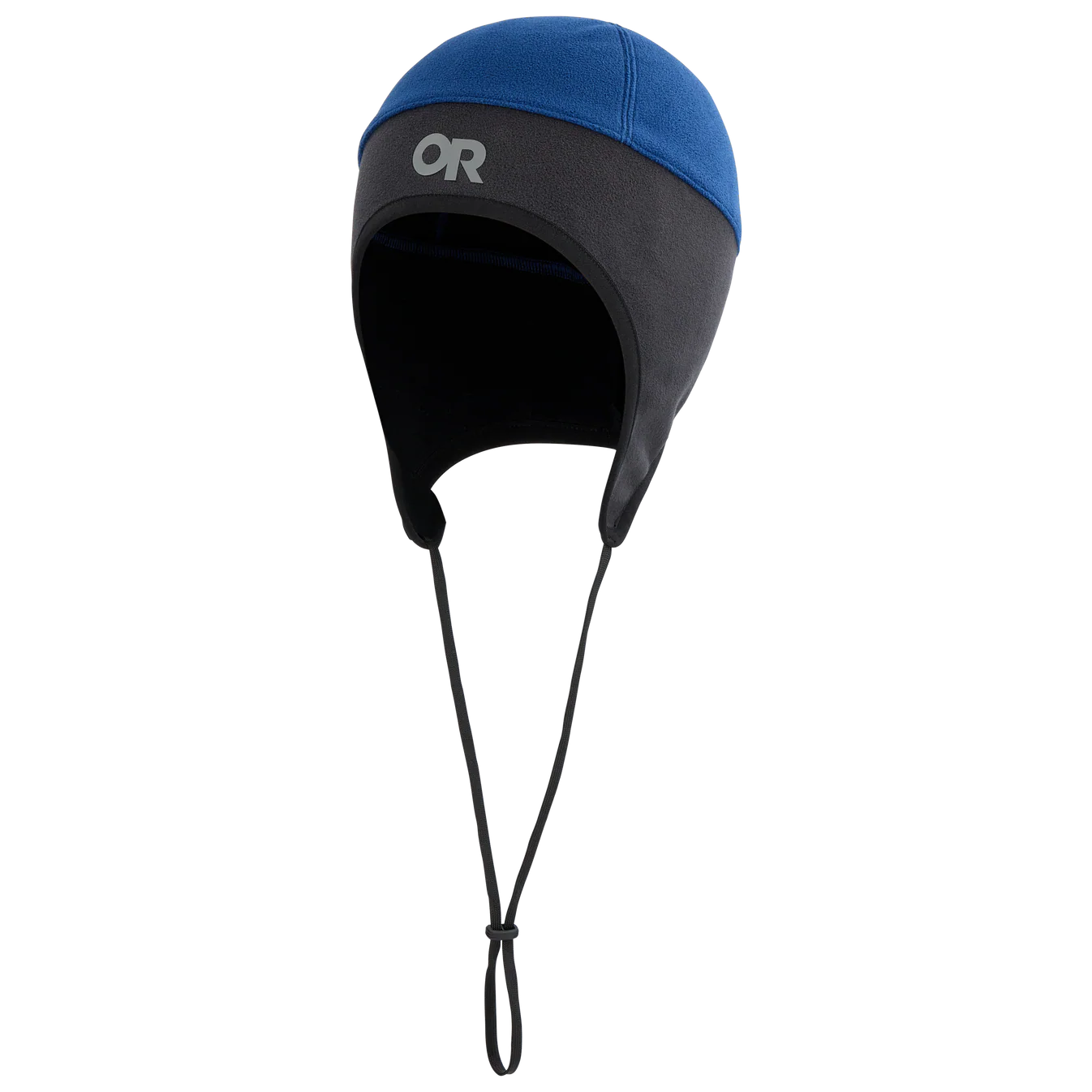 Blue and black winter beanie with a brand logo on a white background