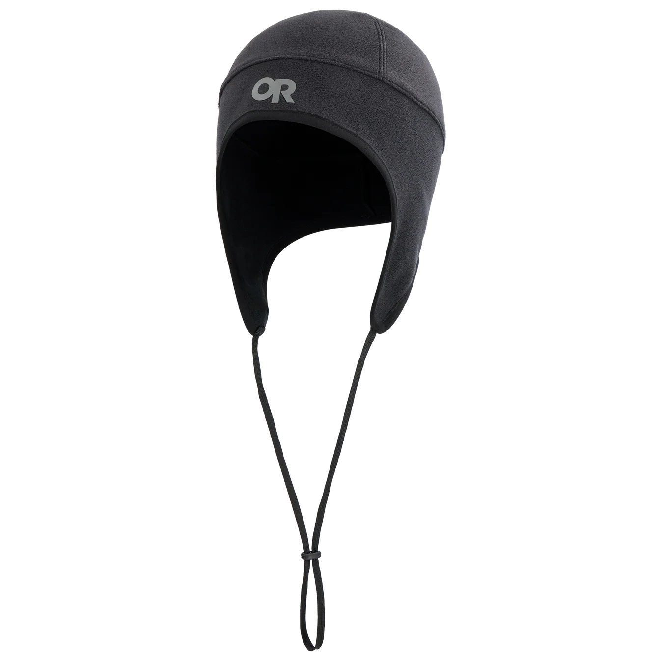 Black winter hat with a strap on a white background