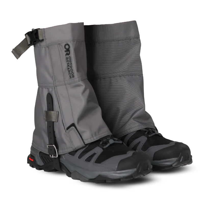 Gray gaiters with black boots on a white background