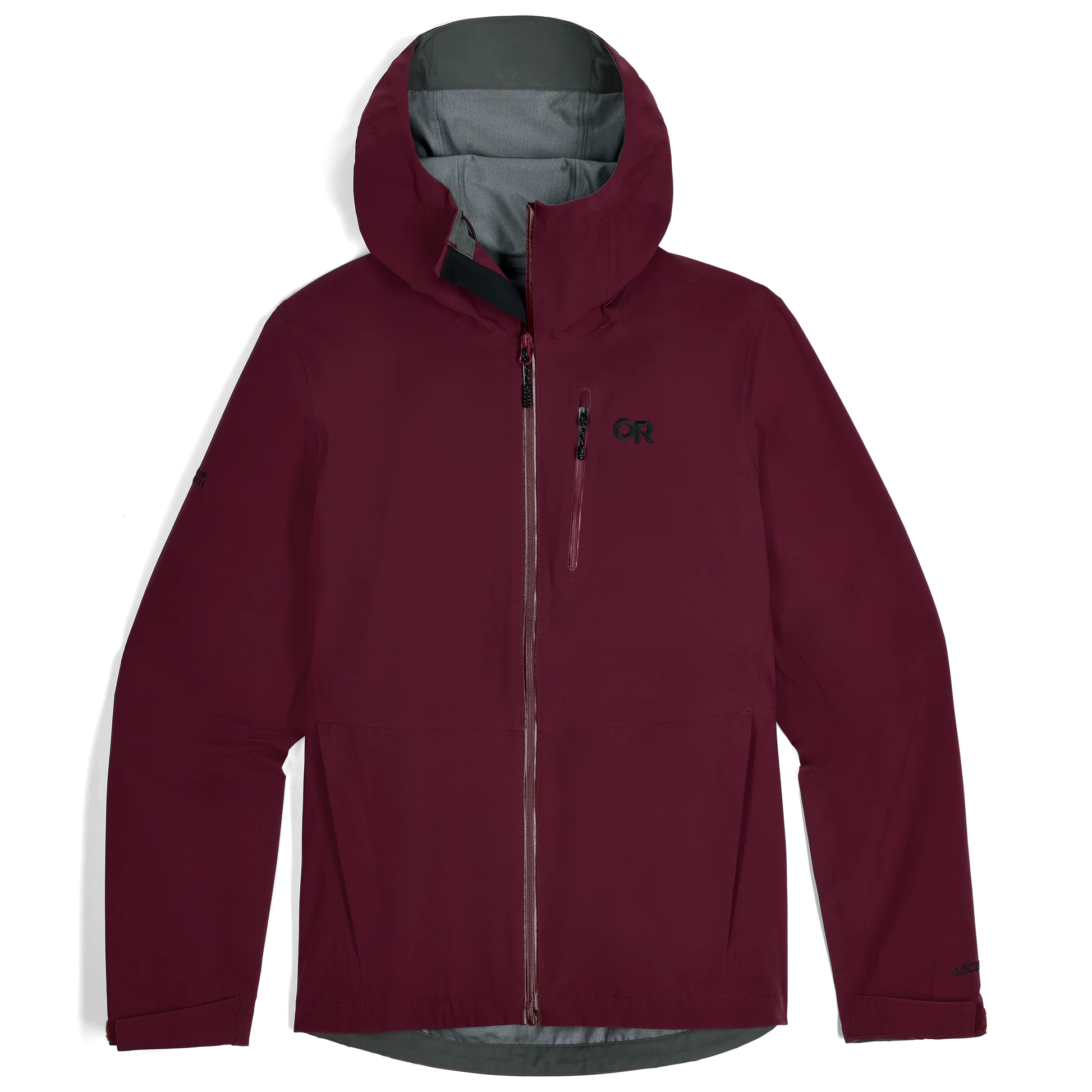 Maroon outdoor research womens hiking jacket with a brand logo on a white background