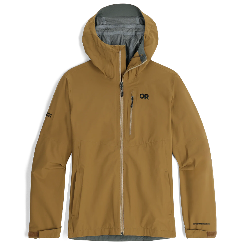 A hooded zip-up jacket in a warm camel/tan color with a gray interior lining, featuring a black OR logo on the left chest and a vertical zip pocket.