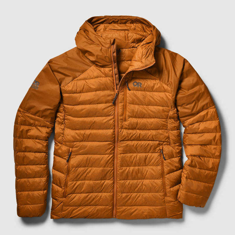 An orange hooded puffer jacket with horizontal quilting, shown flat against a white background with a soft drop shadow.