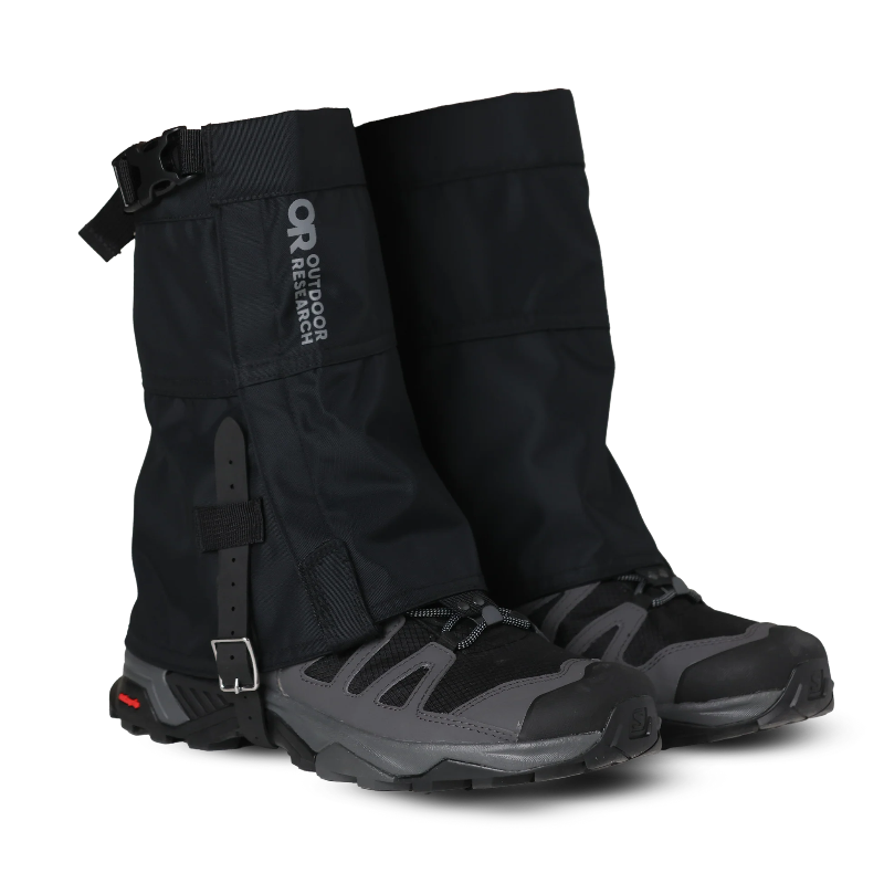 Black gaiters with Outdoor Research logo on a white background