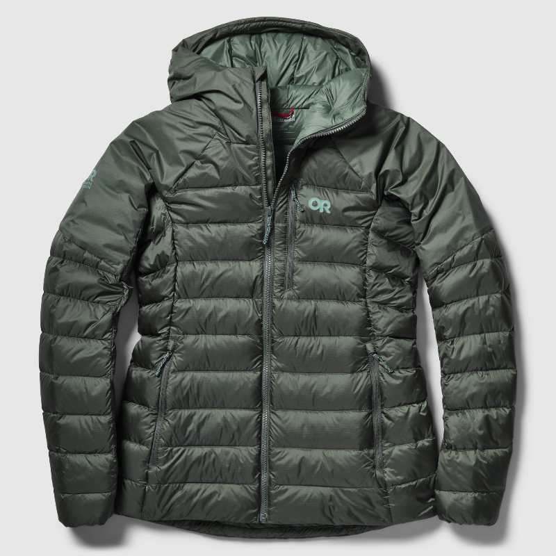An olive green hooded puffer jacket with horizontal quilting, a front zipper, and a small light green 'OR' logo on the left chest, shown against a light gray background.