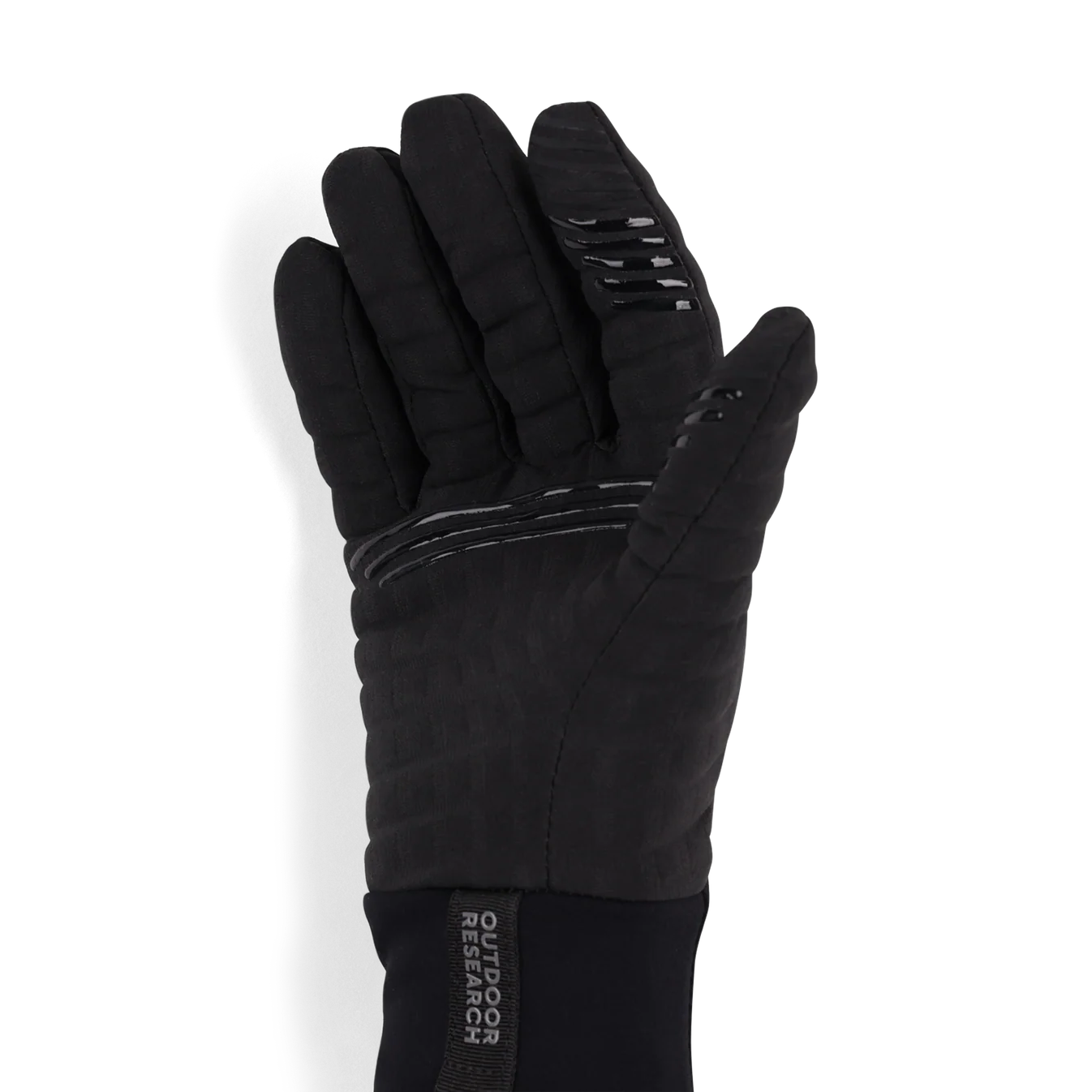 Black gloves with text on a white background