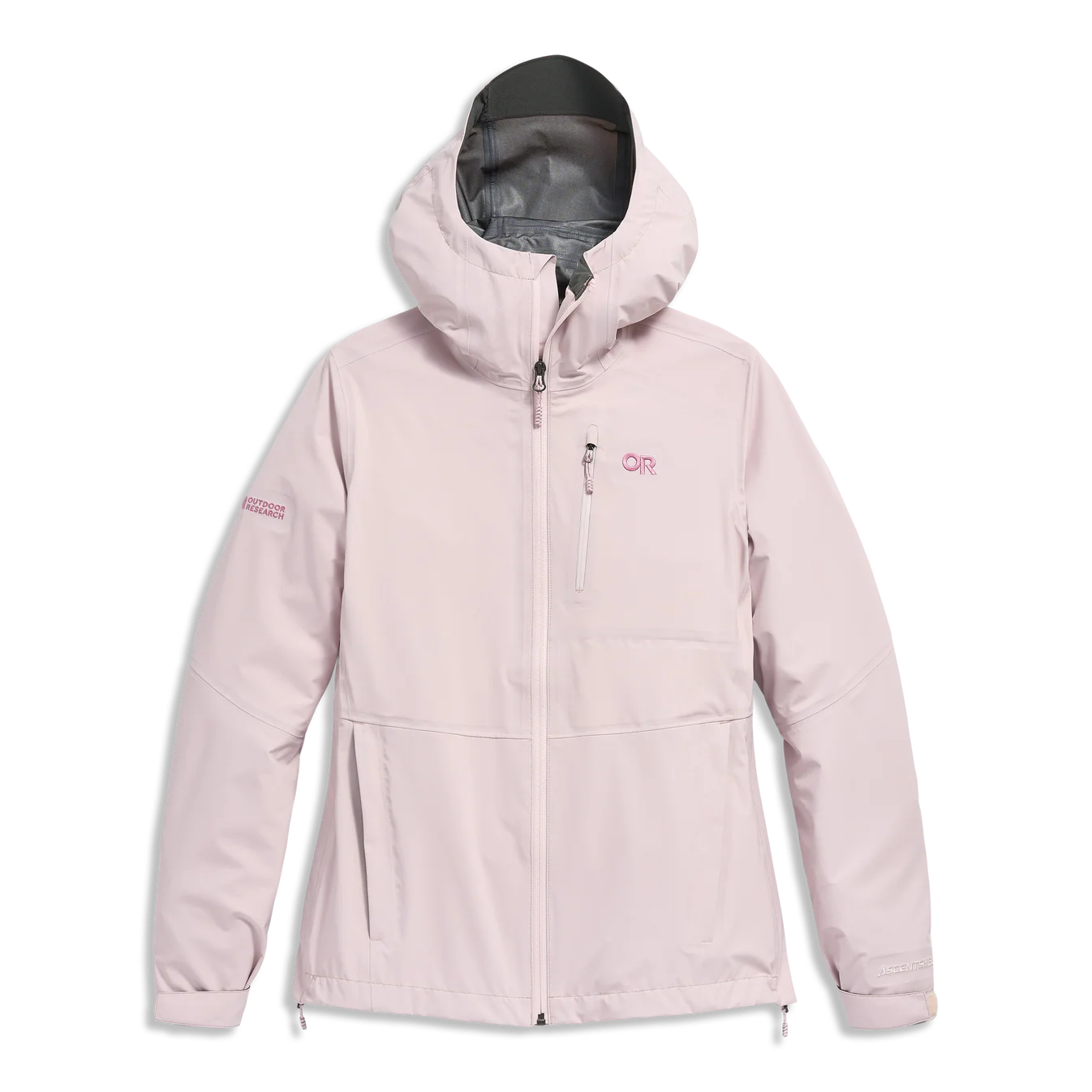 Pink outdoor research womens hiking jacket with a brand logo on a white background