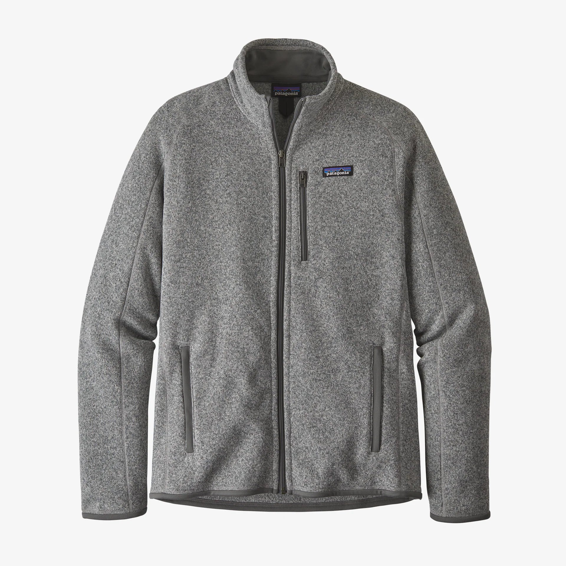 Gray fleece jacket with a Patagonia brand logo on a white background