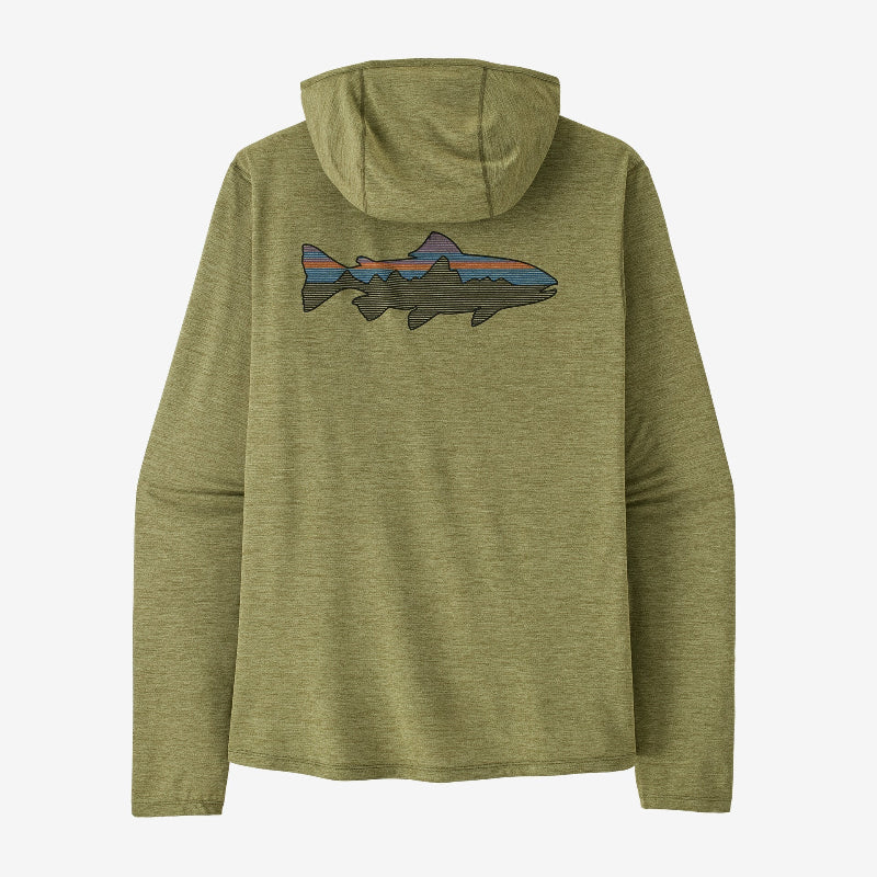 Patagonia Men’s Capilene Cool Sun Hoody Fitz Roy Trout Back with trout graphic 