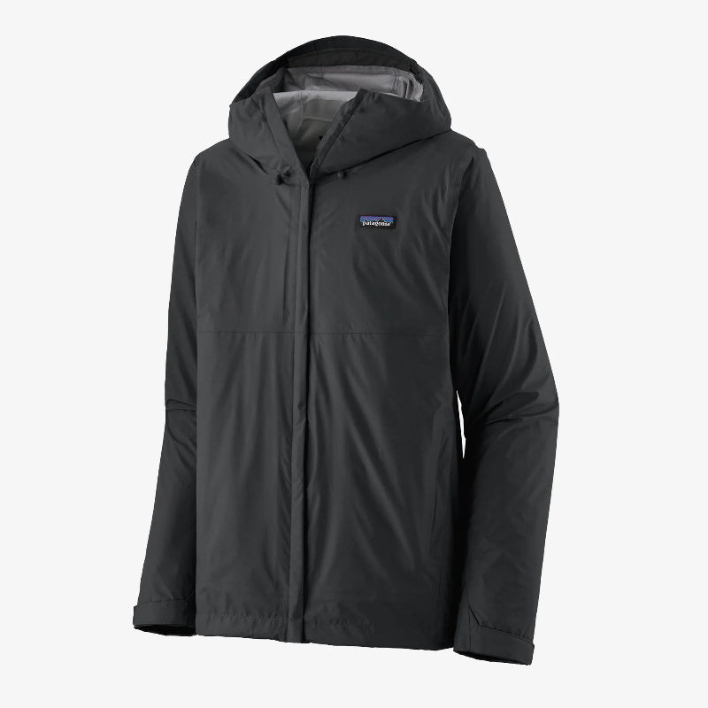 The Patagonia Men's Torrentshell 3L Rain Jacket Black Worn with Patagonia logo on the left chest