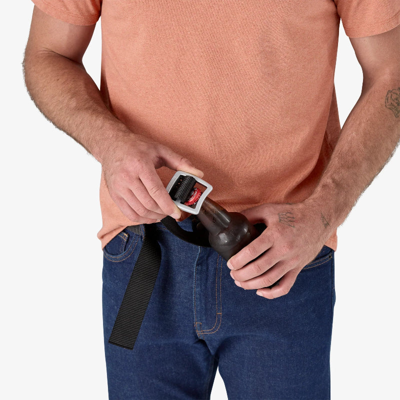 Patagonia Tech Web Belt Forge Grey used as a bottle opener