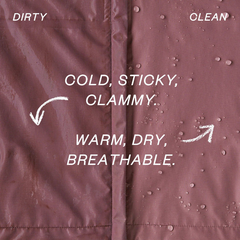 Showing a dirty and clean rain jacket fabric