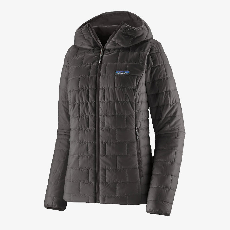 Dark gray quilted jacket with a brand logo on a white background