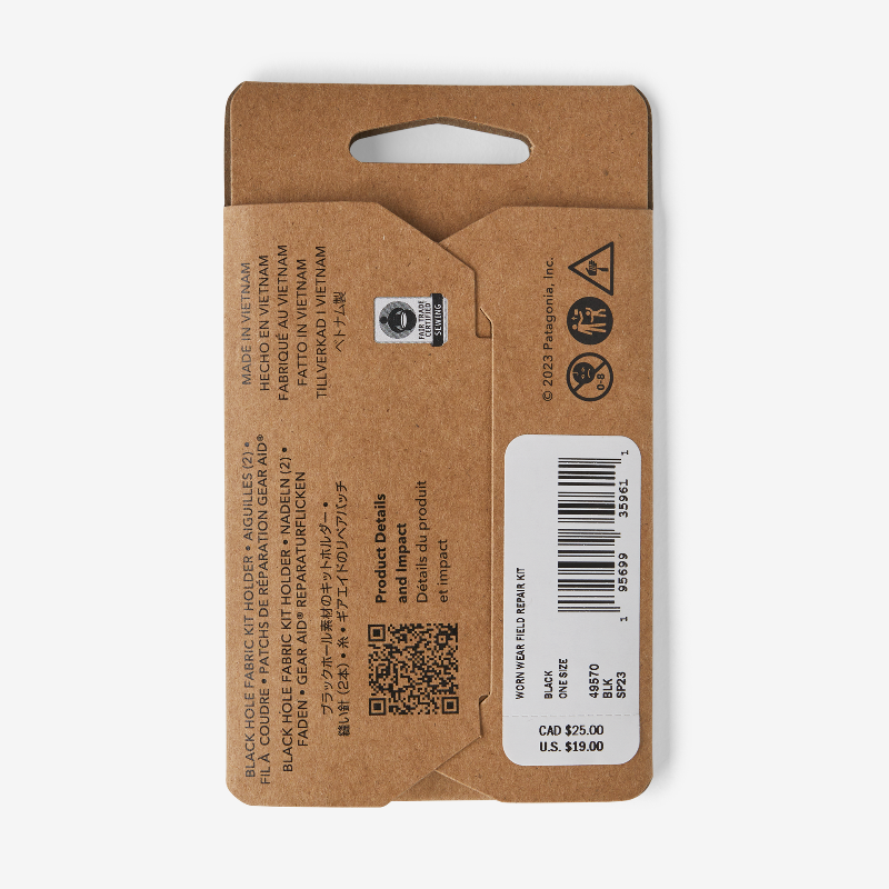 Back of the packaging for the Patagonia Worn Wear Field Repair Kit