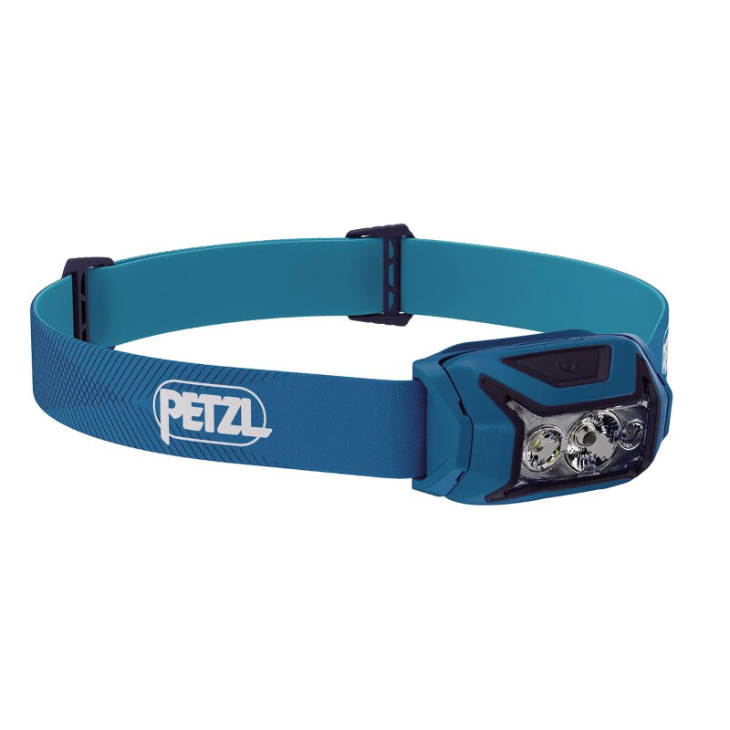 Blue headlamp with Petzl logo on a white background