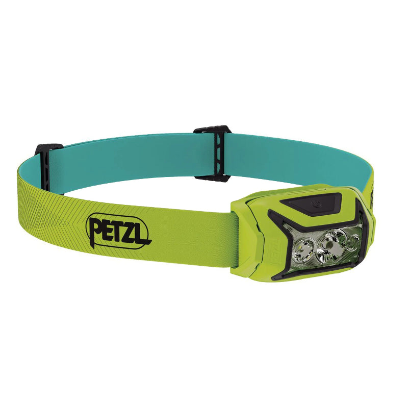 Green and teal headlamp with Petzl logo on a white background