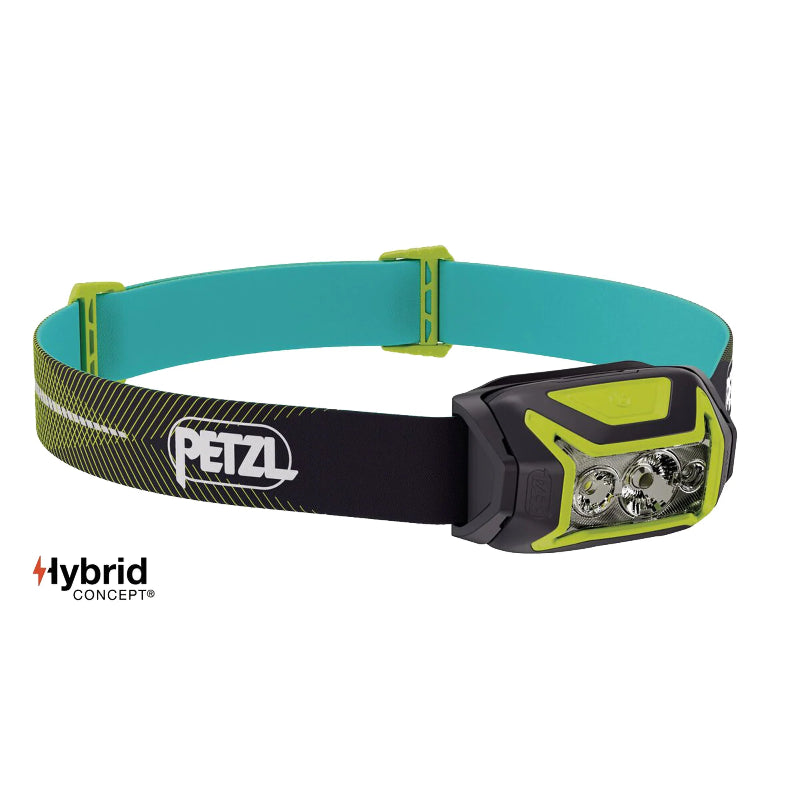 Headlamp with teal and black strap on a white background, featuring Petzl branding.
