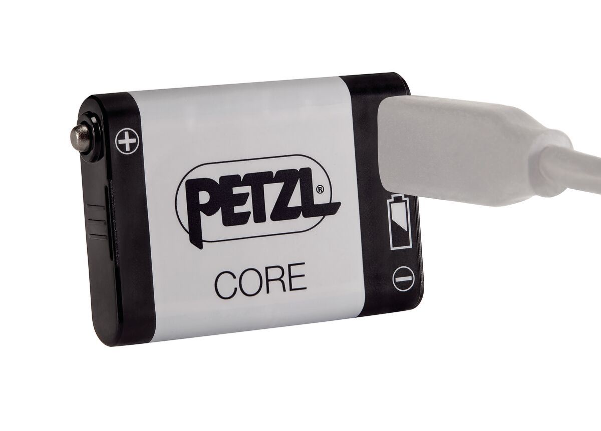 Petzl Core battery with a usb-c cable plugged in
