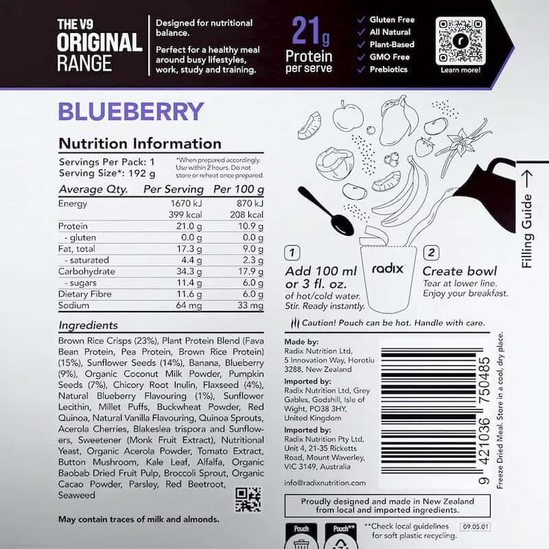 Radix Nutrition Original Breakfast v9 400 Kcal - Blueberry Nutrition Panel 15