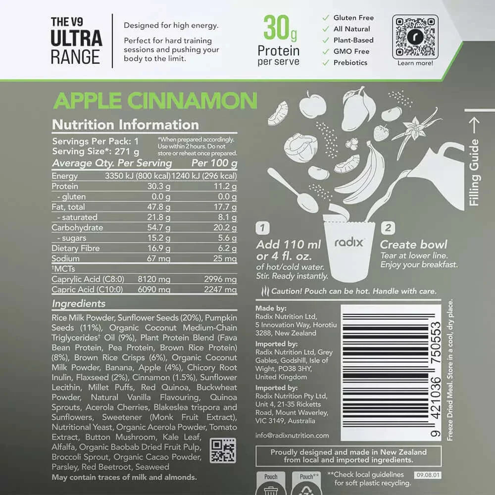 Radix Nutrition ULTRA v9 Breakfast 800 Kcal - Apple Cinnamon Nutrition Panel 7
