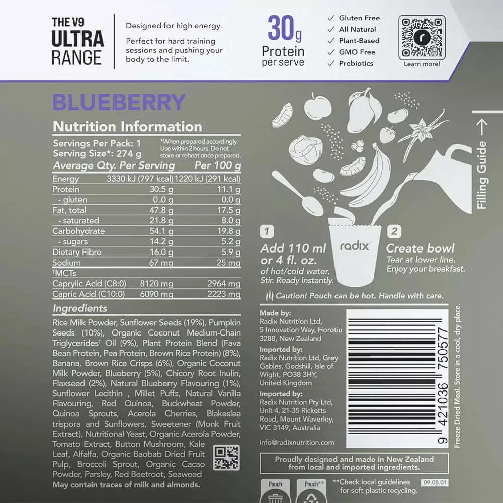 Radix Nutrition ULTRA v9 Breakfast 800 Kcal - Blueberry Nutrition Panel 21