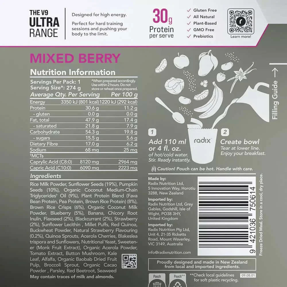 Radix Nutrition ULTRA v9 Breakfast 800 Kcal - Mixed Berry Nutrition Panel 5