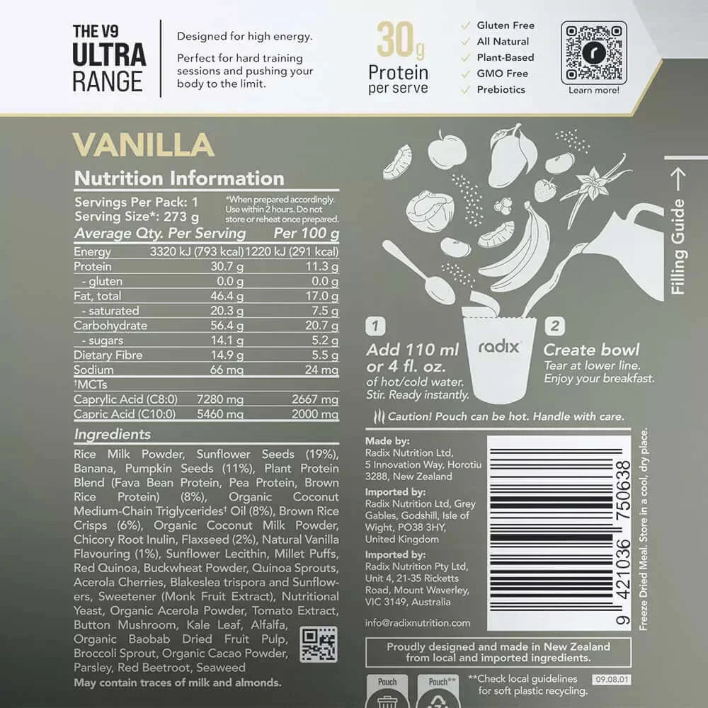Radix Nutrition ULTRA v9 Breakfast 800 Kcal - Vanilla Nutrition Panel 9