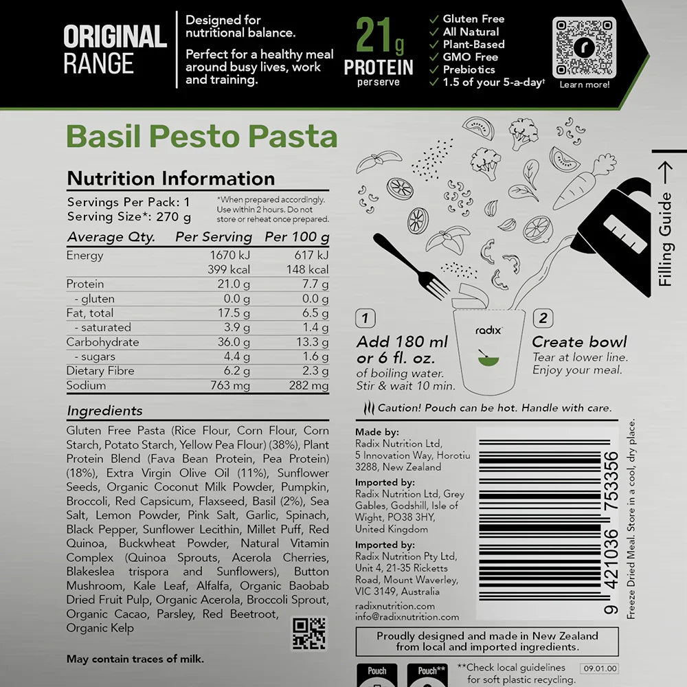 Radix Nutrition Ultra V9 Meals 800 Kcal - Basil Pesto Pasta Nutrition Panel 19
