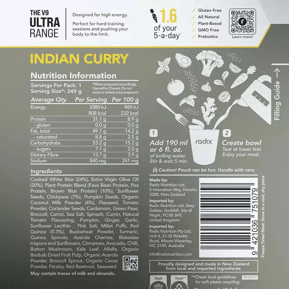 Radix Nutrition Ultra V9 Meals 800 Kcal - Indian Curry Nutrition Panel 13